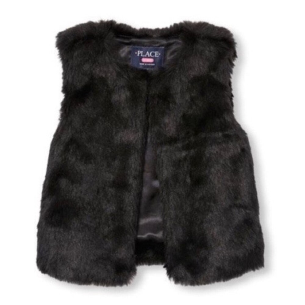 The Children’s Place Girl's Open Front Black Faux Fur Vest Jacket Size XXL 16